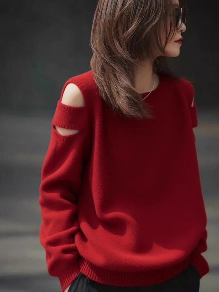 Women's Trendy Red Off-Shoulder Hollow-Out Wool Sweater - Loose, Slimming, Versatile Pullover Design