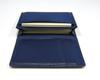 Blue grained leather business card metal touch silver pen and maple wood barrel retro ballpoint pen set holder, MEIL-ALST-HS47S