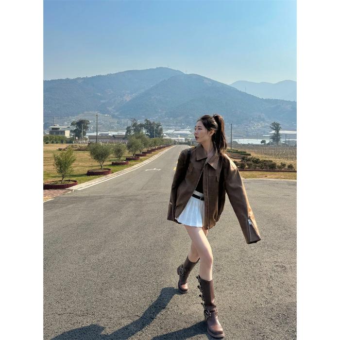 

Brown leather jacket women s new autumn and winter locomotive clothing short coffee retro Maillard jacket XL коричневий