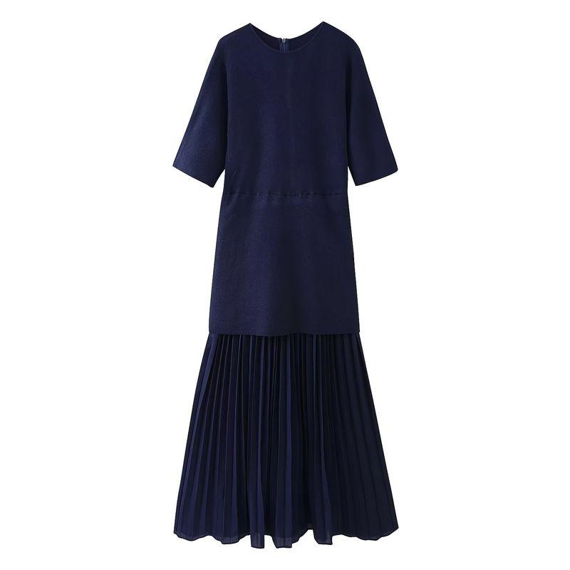 Kaslead New Women Clothes Western Style Round Neck Short Sleeve Knitted Patchwork Dress 4192001