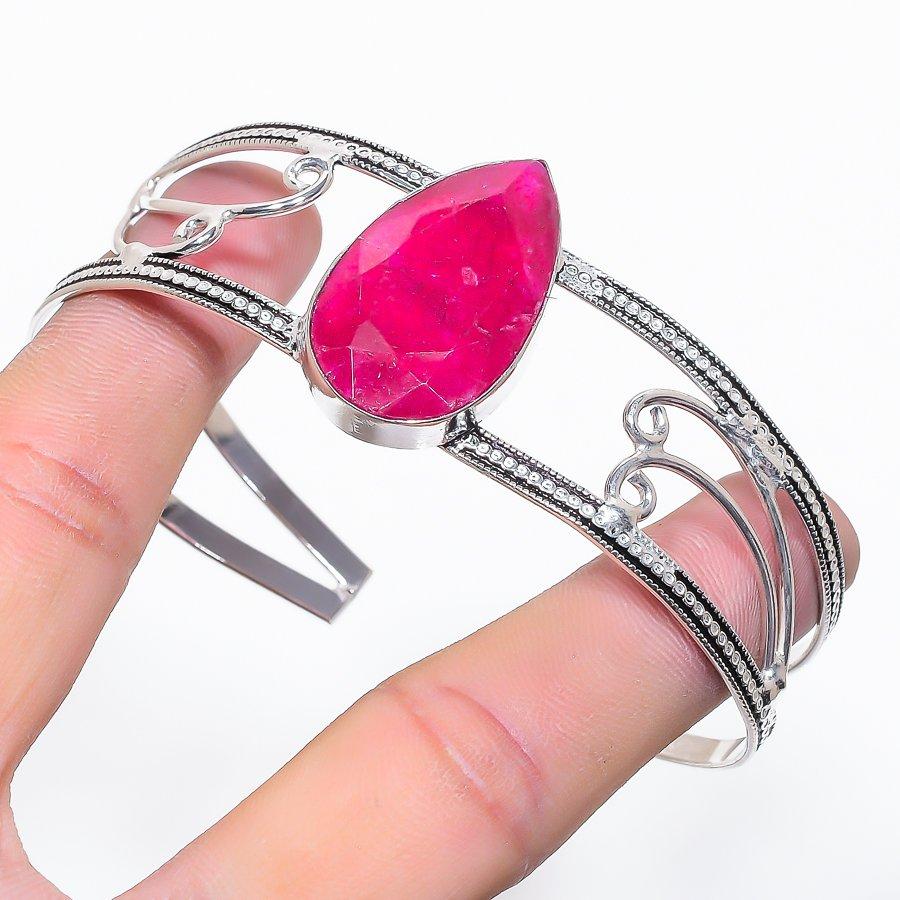 Ruby(Simulated) Gemstone 925 Sterling Silver Cuff Bangle Adjustable d6T47