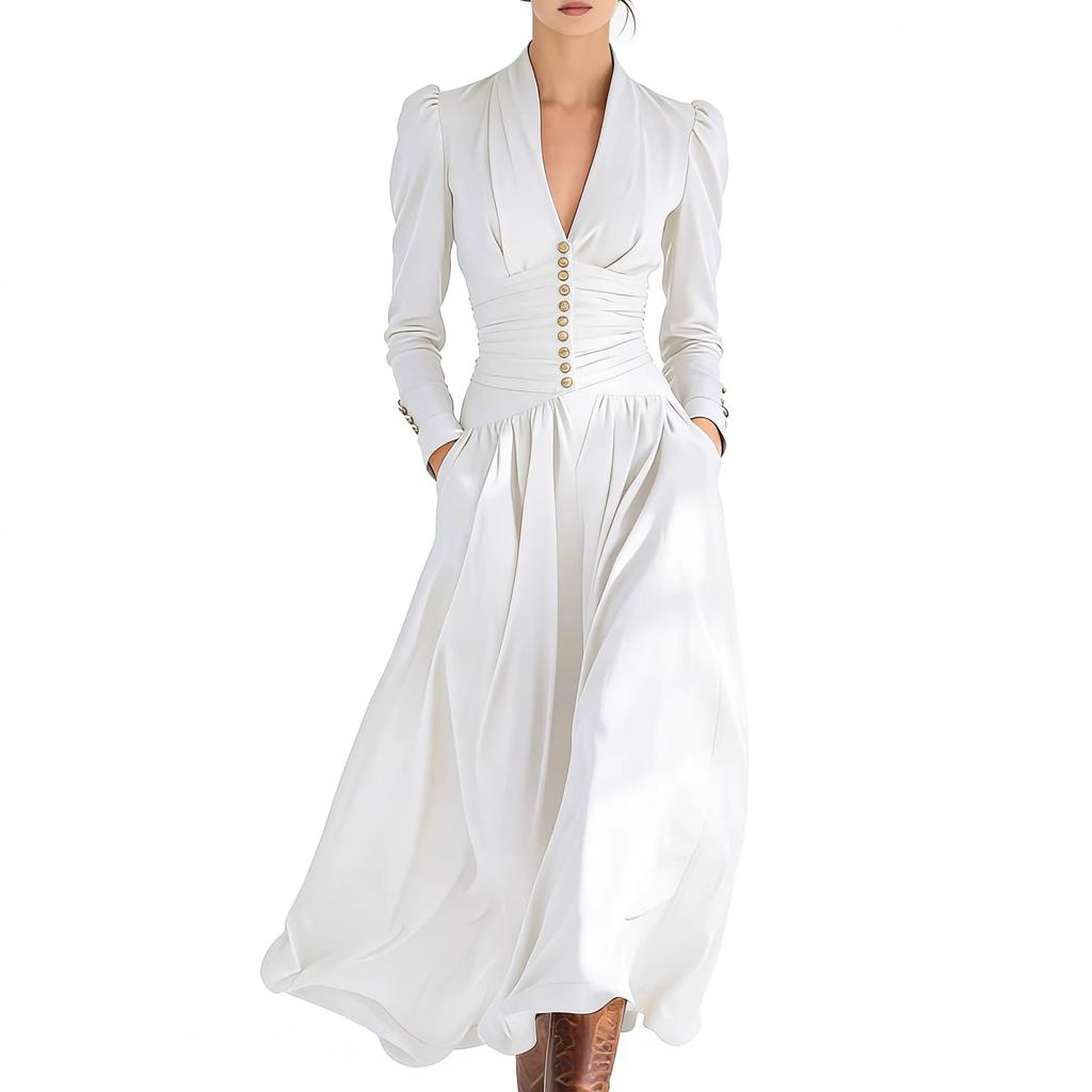 Abito Maxi da Donna con Scollo a V Profondo Vita Alta Senza Maniche Dettaglio Bottoni Tasca Elegante Abito da Sera per Feste