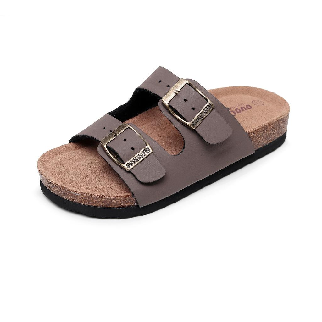 Papuci de plajă unisex cu 2 curele, lux din piele de vacă, sandale plate de vară pentru femei