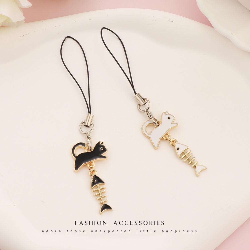 Cute Cat and Fishbone Couple Phone Lanyard, Matching Phone Pendant Strap, Cat Fishbone Couple Phone Case Chain Pendant for Boys and Girls
