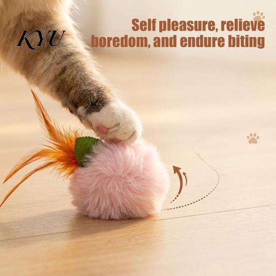 Engaging Cat Exercise Toys Furry Ball Toy with Feather, Interactive Pom Balls, Safe Plush for Adult Cats Soft Kitten Chasing Indoor Entertainment Pet
