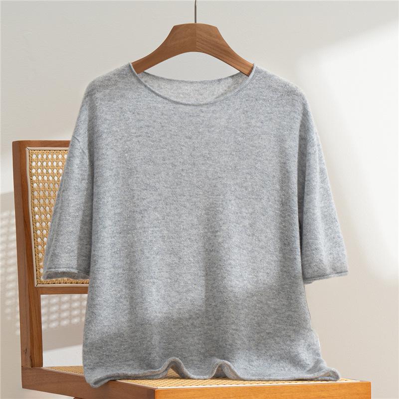Women's 100% Pure Cashmere Short Sleeve Round Neck Sweater - Rolled Hem Knitwear, Early Autumn Versatile Pullover