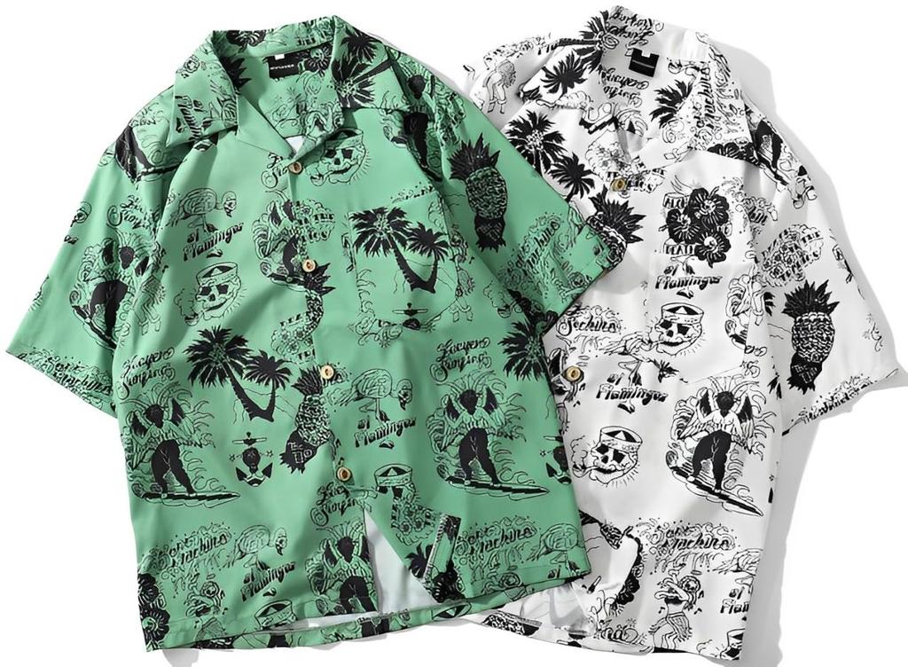 Aspersio Short Sleeve Aloha Top with Ora Slightly White Men's Shirt, All-Over Print, Stylish, Open-Collar Skull, Button-Down, Pineapple, Hibiscus,