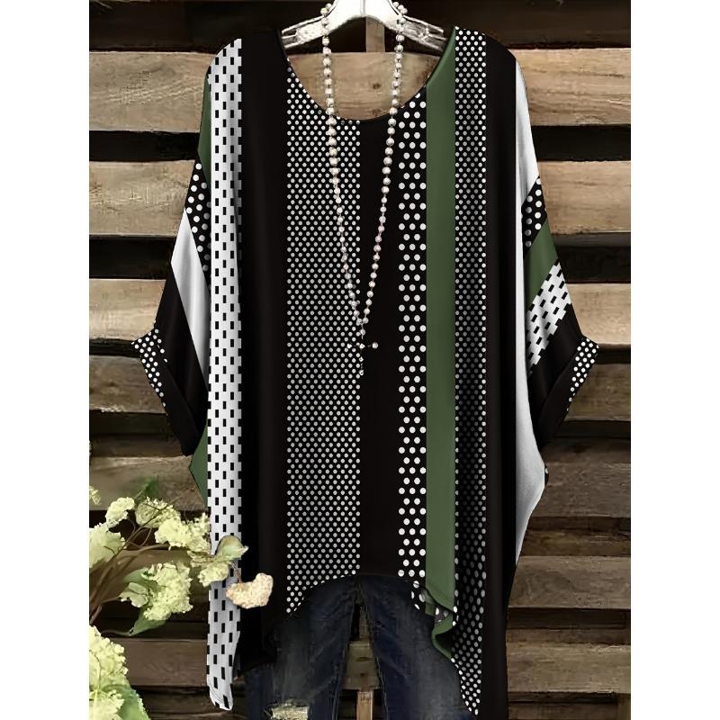 Women's Striped Checkered 3D Printed T-Shirt Summer Round Neck Casual Fashion Women's Loose Asymmetrical Hem Street Tops