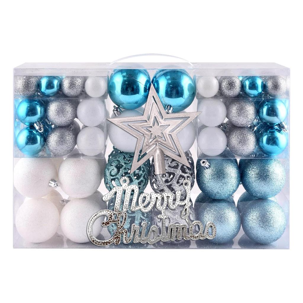 Christmas Tree Decorations Set: 100 Pieces with Tree Topper Star, Letter Tags, Hollow Plastic Balls, and Baubles Ornaments.