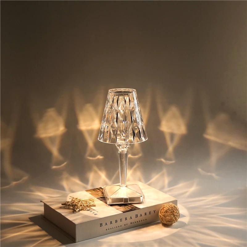Portable Modern Acrylic Diamond Table Lamp with Crystal -Wireless Night Light for Bedroom Decor and Desk Use Including Lampshade