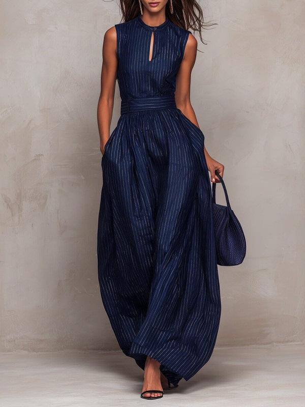 European and American style summer new temperament fashion striped sleeveless waist wide leg long jumpsuit