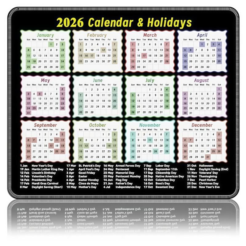 Alfombrilla de Ratón Calendario 2026 Planificador Anual Completo Resaltando Festivos Para una Planificación Eficiente y Estilos de Vida Organizados en la Oficina o en Casa