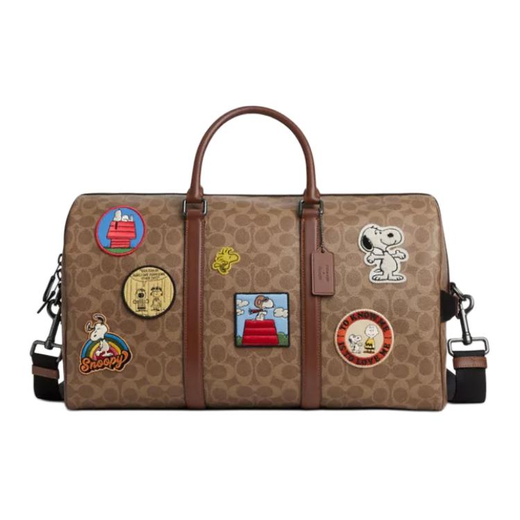 Coach X Peanuts Signature 45 Ventura Logo Coated Canvas And Leather Boston Bag Women Travel Bag Brown CBI42-QBTAM
