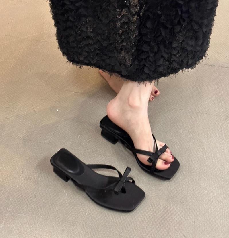Thick heel bow slippers fairy outer wear 2025 new summer French beautiful small sandals toe vacation sandals
