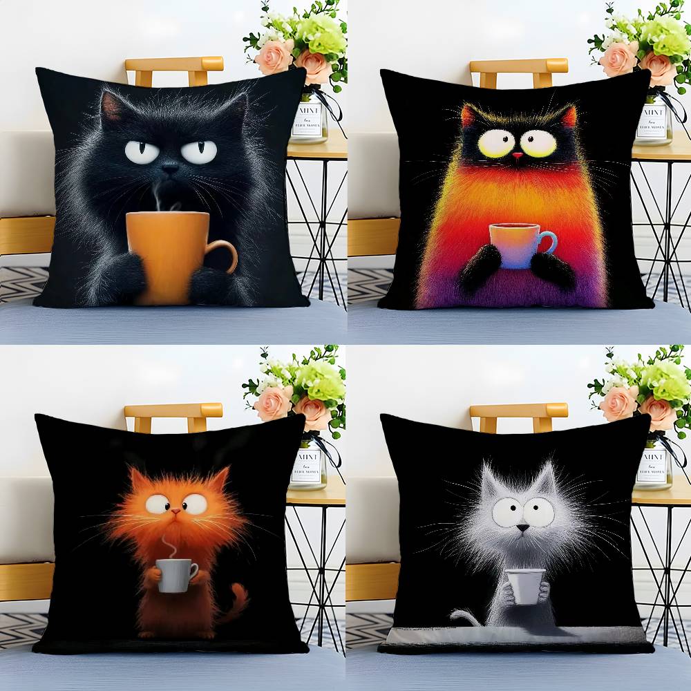 Simple Cartoon Furry Cat Pattern Pillow Case Anti-dustmite Pillowcase Invisible Zipper Silky Short Plush Sofa Cushion Cover