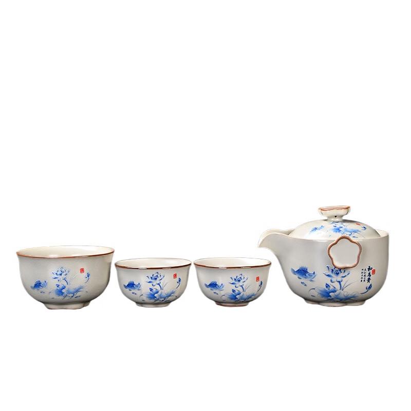 Fumaide Ru Kiln Style Portable Ceramic Travel Tea Set with 1 Pot & 3 Cups