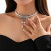 Diamond-Encrusted Pearl Bow Multi-Layer Necklace & Earrings Set - Elegant European & American Fashion Style