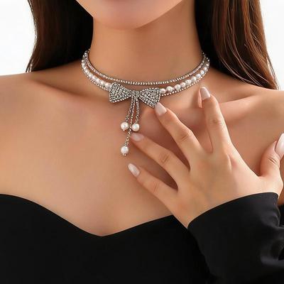 Diamond-Encrusted Pearl Bow Multi-Layer Necklace & Earrings Set - Elegant European & American Fashion Style