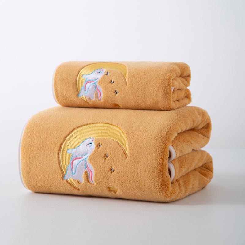 Embroidered Moon Rabbit Coral Fleece Bath Towel - Thick, Absorbent, High-Grade for Women Towel 34x76cm