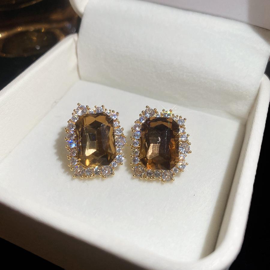 Серебряные серьги-гвоздики с цирконами, квадратный ромб, цвет шампанского, французский ретро-темперамент, серьги для commuters