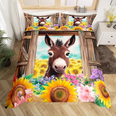 Cute Donkey Duvet Cover Rustic Barn Door Full Bedding Set, Farmhouse Decor Farm Animals Comforter Cover Sunflower Flower Bed Set