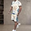 Men Plus Size Colorful Printed Round Neck Short Sleeve Top And Pocket Shorts Two Piece Set