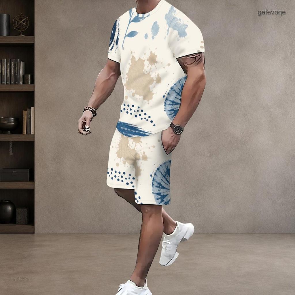 Men Plus Size Colorful Printed Round Neck Short Sleeve Top And Pocket Shorts Two Piece Set