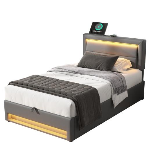 Upholstered Bed Large Storage Space LED Lighting Sturdy Construction Good Load Capacity with USB Ports Modern Upholstered Bed Bedroom