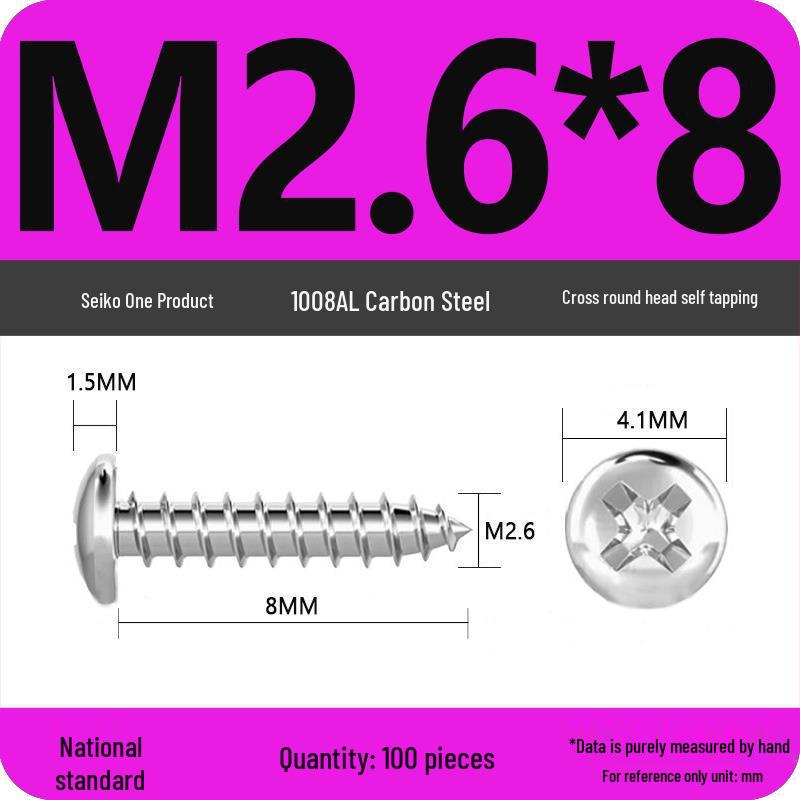 Galvanized Self-Tapping Screws, Round Head, White Zinc, PA Cross Pan, Pointed Tail M1.2-M4