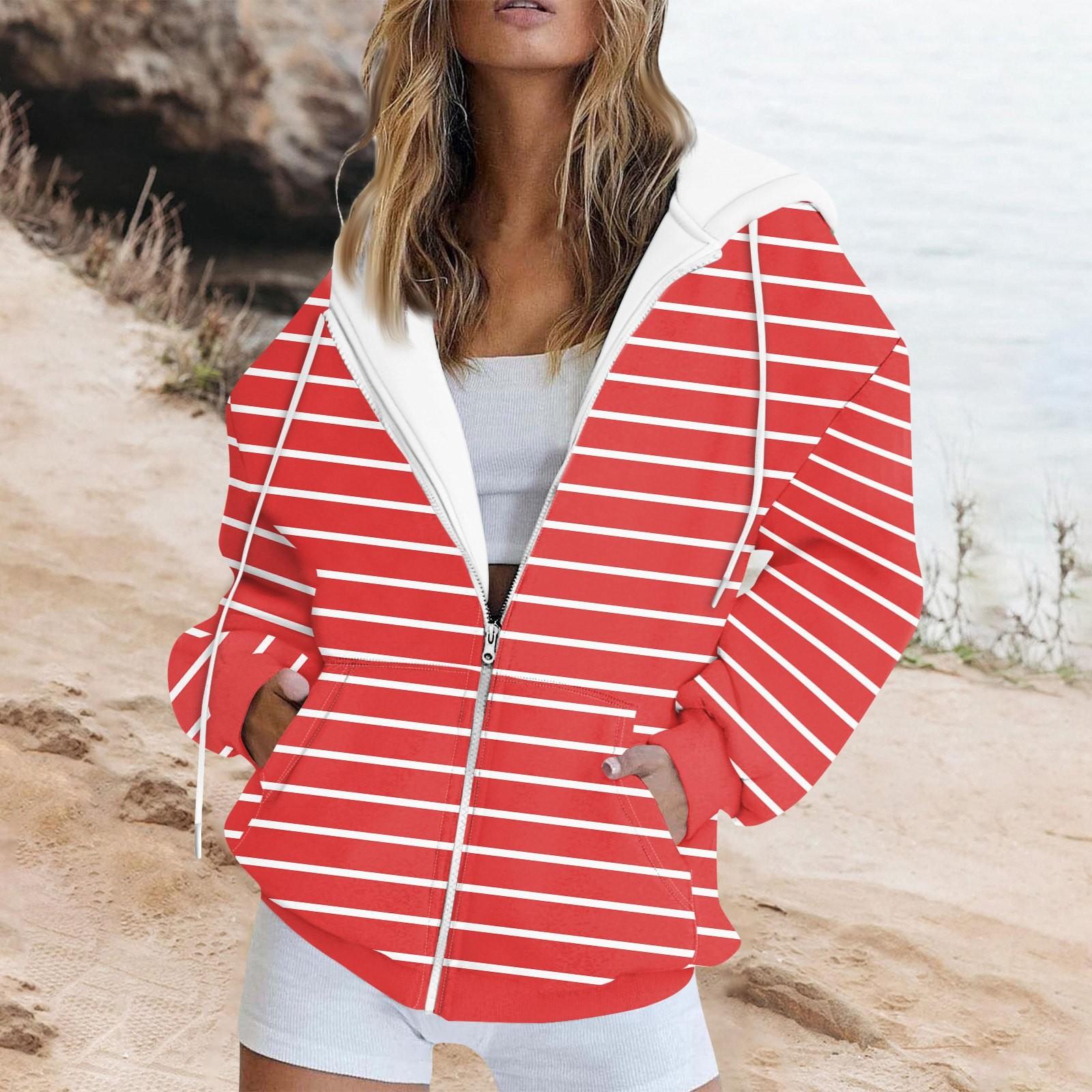 

Жіноча толстовка з принтом у смужку з довгим рукавом і кишенею з довгим рукавом, толстовка з капюшоном на блискавці XL червоний