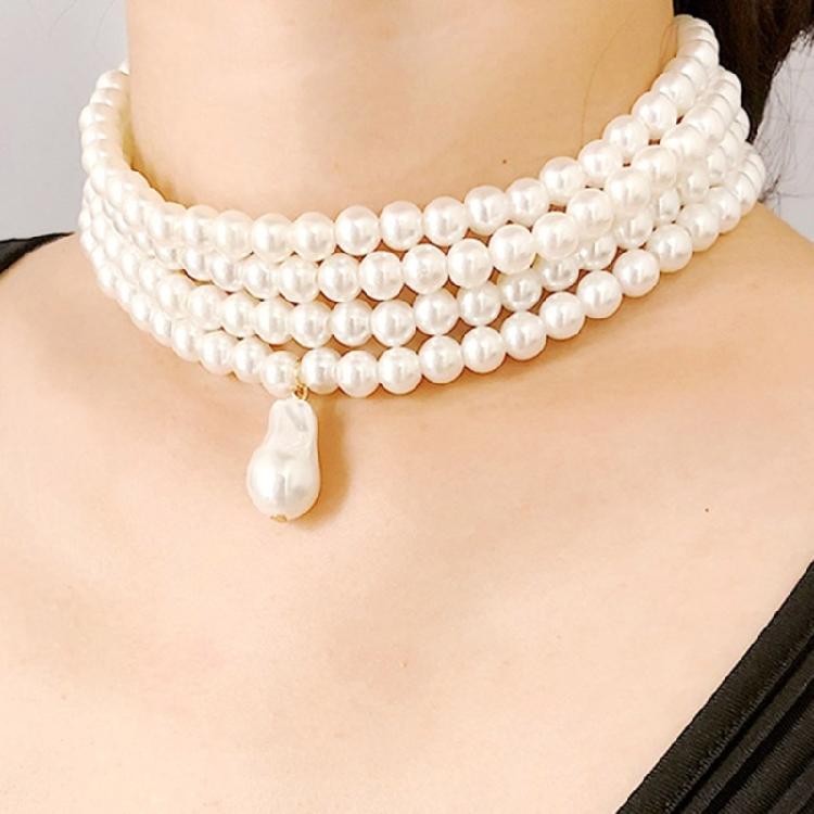 Simulated Pearl Necklaces Statement Bridal Choker Multi-Layer Pearl Necklace