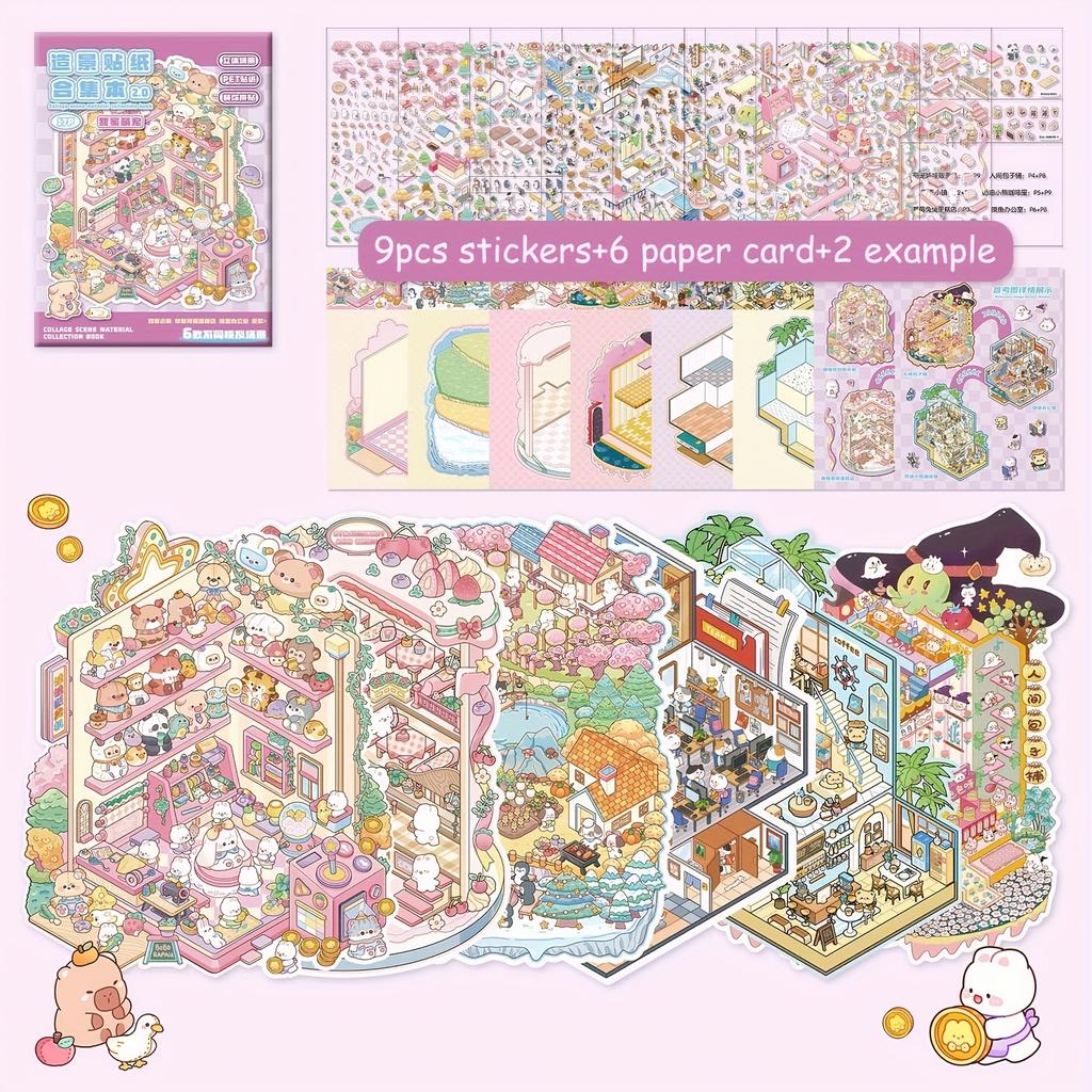 Multi Style 3D Cartoon Travel Landscape Sticker Set DIY Game Books DIY Miniature Scene Visual Stacking Sticker For Birthday Gift