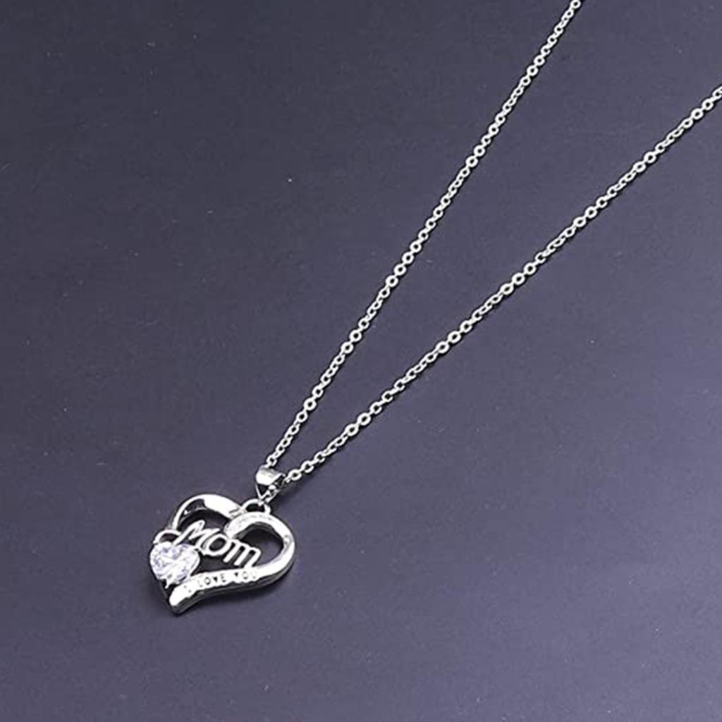Open Heart Mom Letter Engraved I Love You Heart Stone Pendant Thin Link Chain Mother Gift Neck Jewelry