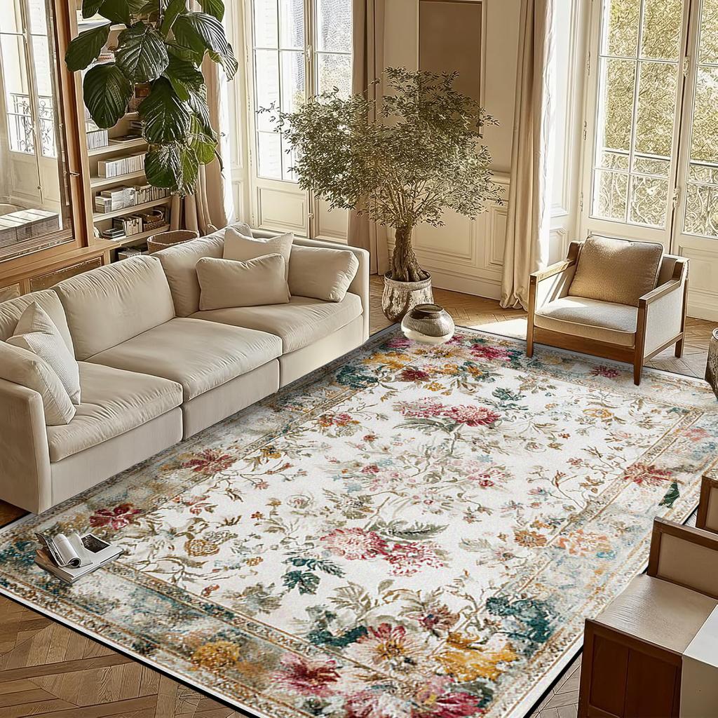 Retro Flower Living Room Carpet Non-slip Machine Washable Soft Floor Mat Nordic Style Plant Rugs Large Size Home Decoration Mats