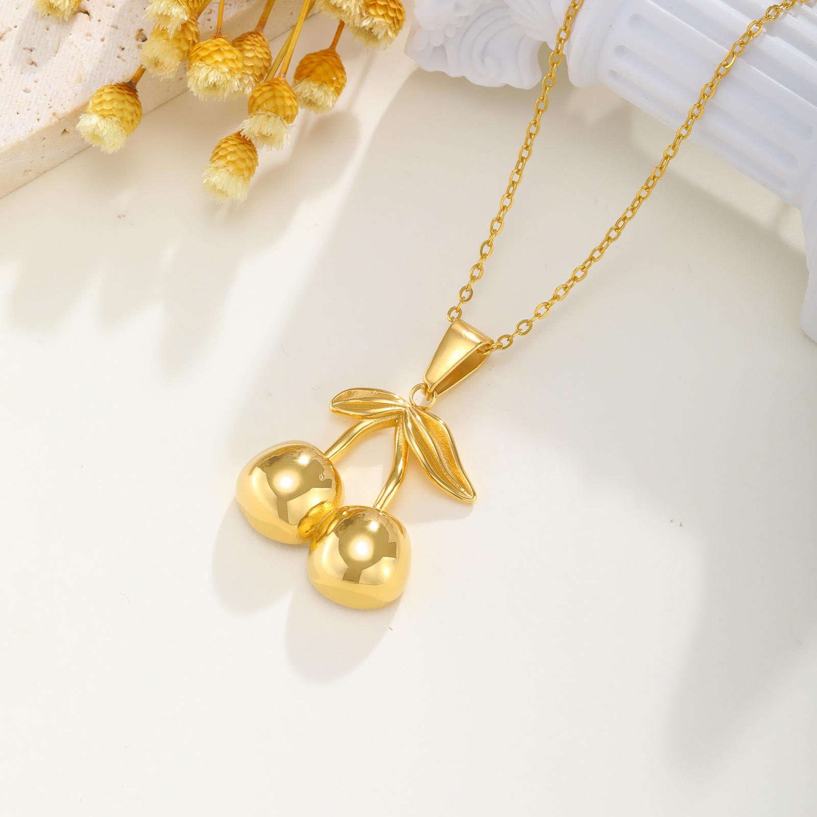 Gold Plated Cherry Pendant Necklace for Women, Cute Fruits Pendant Necklace, Stainless Steel Nickel-free 40cm-45cm