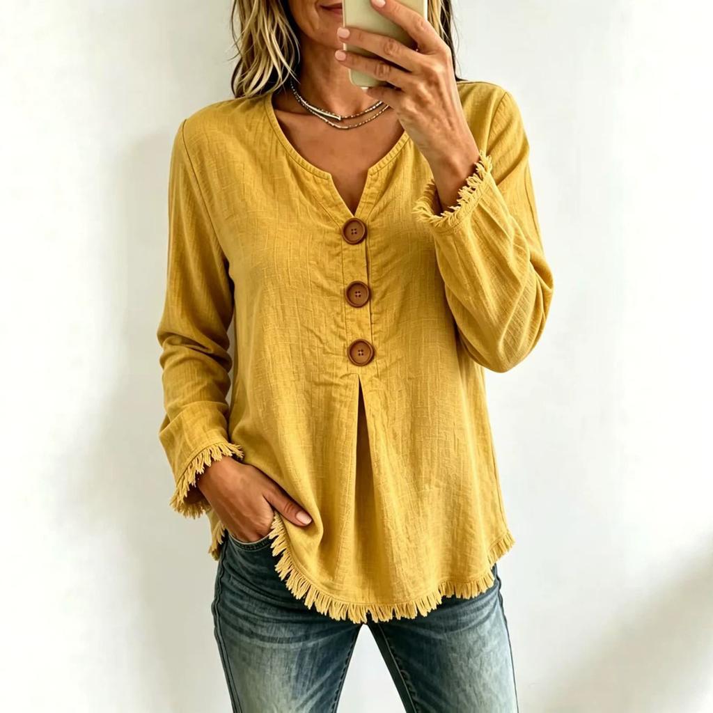 Damen Freizeit Farbe V-Ausschnitt Knopf Langarm Locker Geschnitten Quaste Bluse