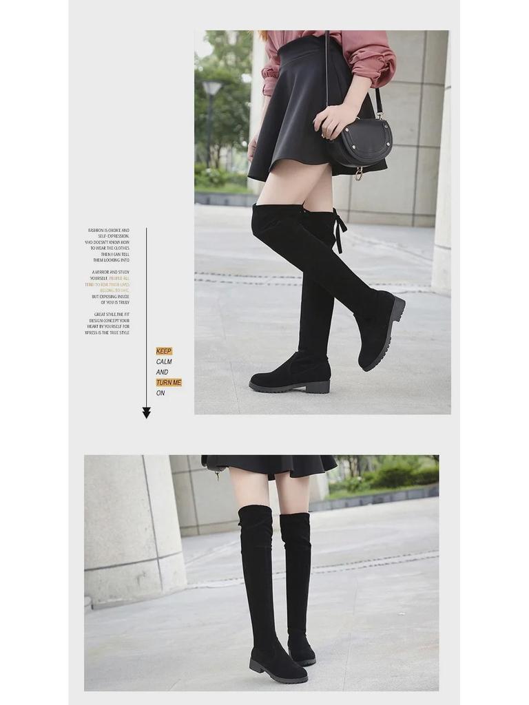 Botas Femininas de Camurça Acima do Joelho com Salto Médio e Forro de Algodão - Tamanho 41