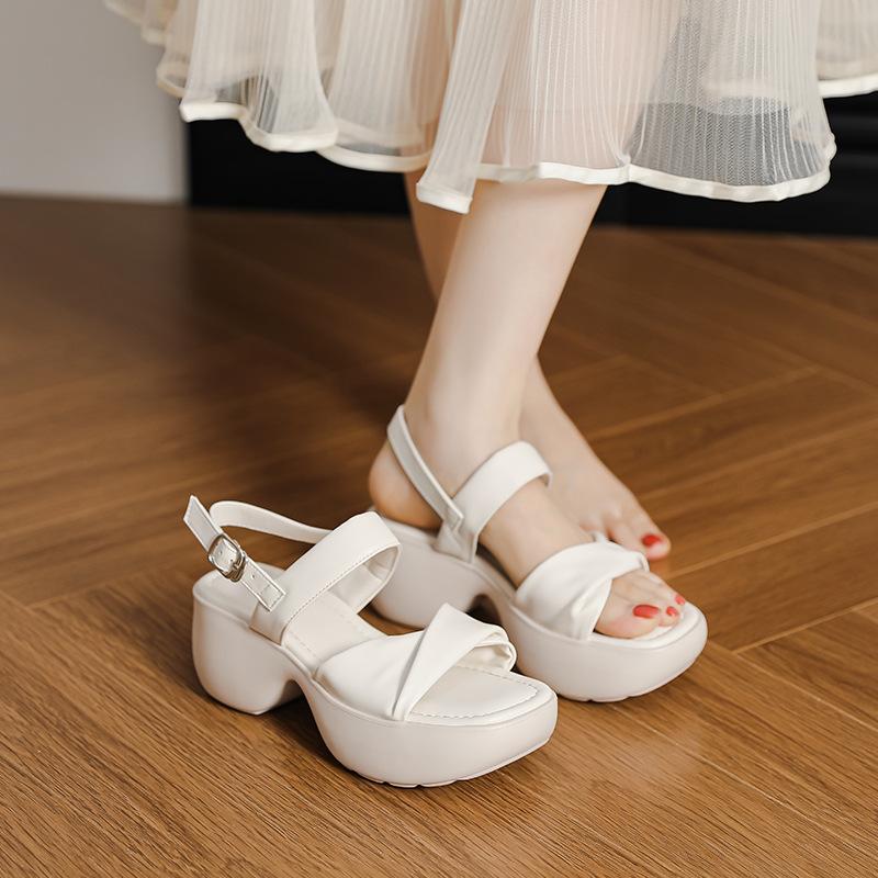 Thick-soled One-word Sandals Female Open-toe Soft-soled 2025 Summer New Fairy Style Versatile High-heeled Roman Muffin Shoes