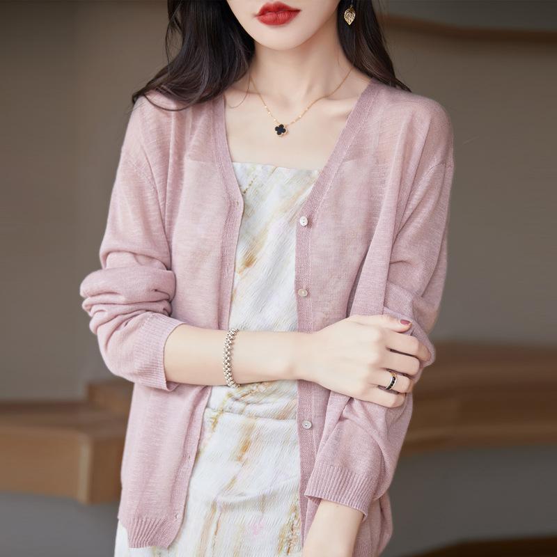 Bamboo Joint Cotton V-neck Cardigan for Women for Summer Sweater Thin Loose and Versatile Sun Protection Simple and Atmospheric Top Jacket