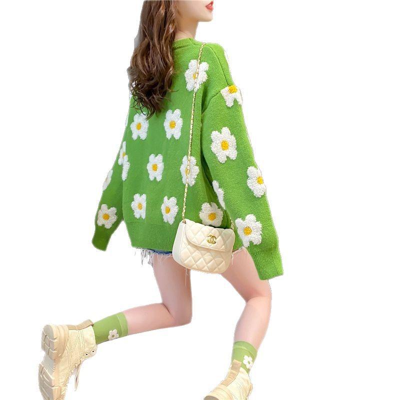 Autumn new long-sleeved small fresh flower sweater women's pullover crew neck knitted bottoming shirt top