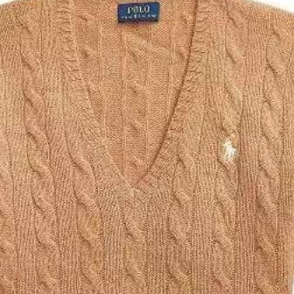 Polo Ralph Lauren SS23 Jednofarebný Pletený sveter s výšivkou malého poníka s výstrihom do V a dlhým rukávom Dámsky sveter Khaki 211570011109