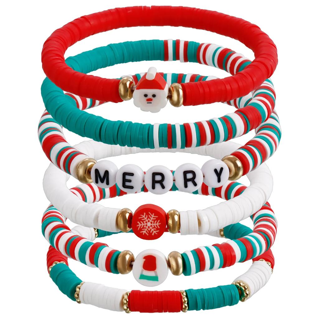 Y2K Polymer Clay Stackable Bracelet Set For Women Santa Claus Tree Elk Deer Snowflake Charm Beaded Bangle Christmas Jewelry