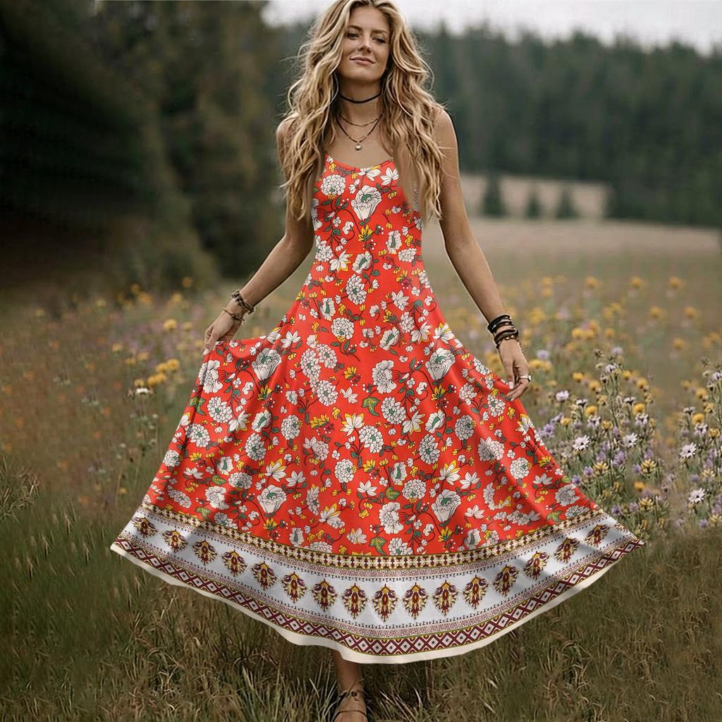Women's Sleeveless V Neck Maxi Dress Summer Long Dress Casual Loose Fit Floral Print Bohemian Style Slip Dress