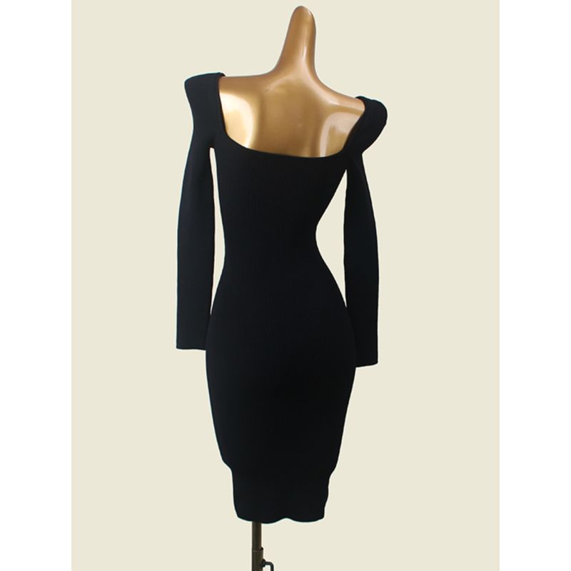 Classy French Sweet Silm Sexy Peach Collar Dress Foreign Trade Original Order Autumn Black Long Sleeves Bodycon Dress