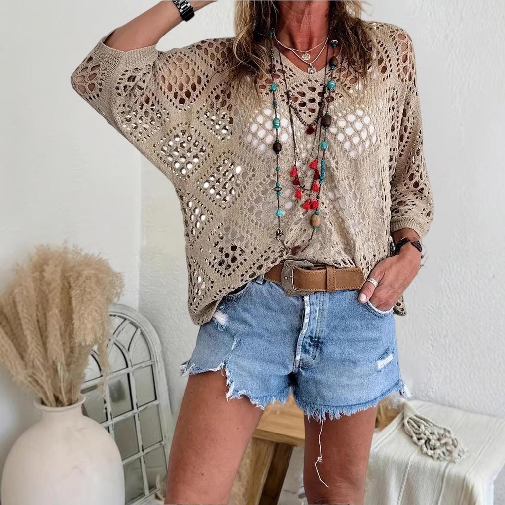 Women's V-neck Diamond-shaped Openwork Sleeve Sweater Cardigan Knitted Top