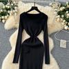 Spring Autumn Women Elegant 3D Flower Knitted Sweater Sheath Dresses Full Sleeve Midi Party Slim Pullover Dress