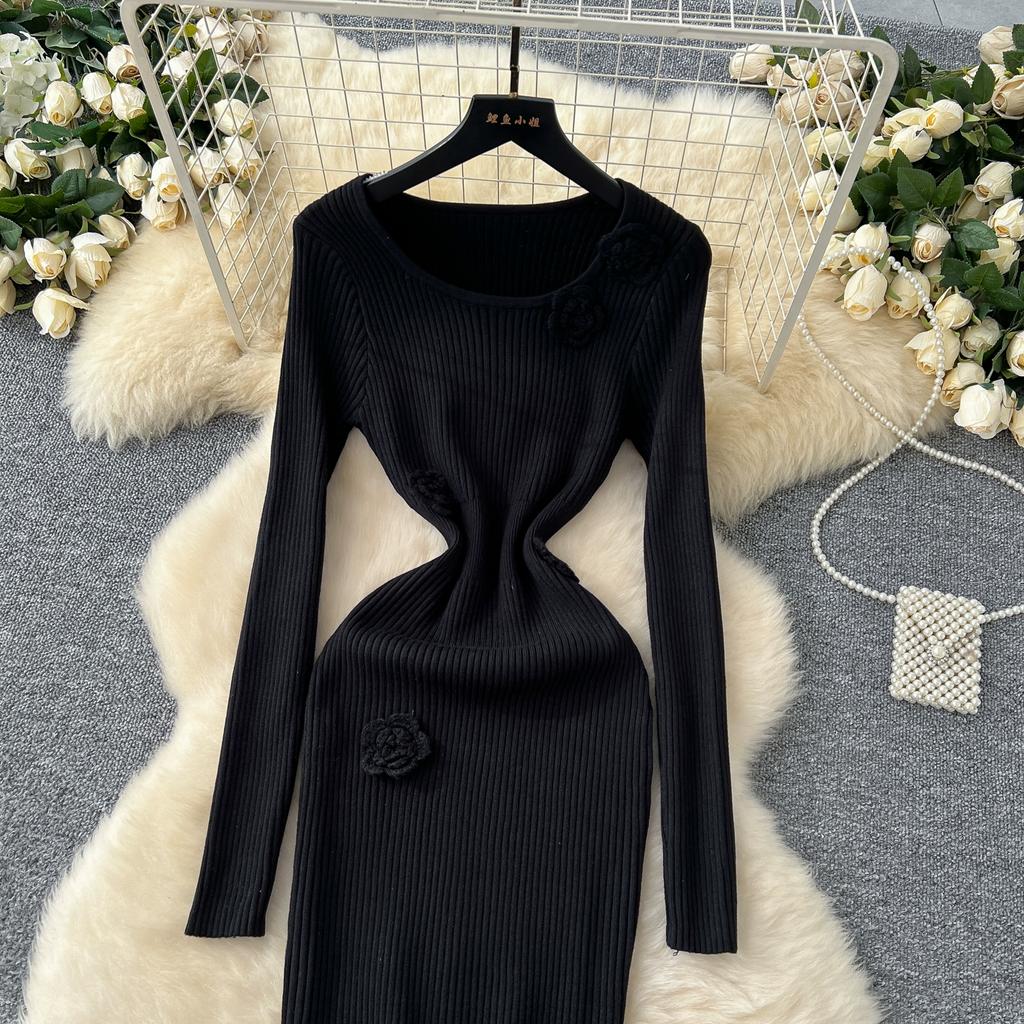 Spring Autumn Women Elegant 3D Flower Knitted Sweater Sheath Dresses Full Sleeve Midi Party Slim Pullover Dress