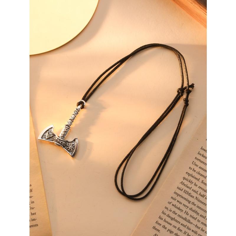 Colar com Pingente de Machado de Batalha Runa Viking Martelo de ThorRetrô Colar Longo Corrente de Suéter