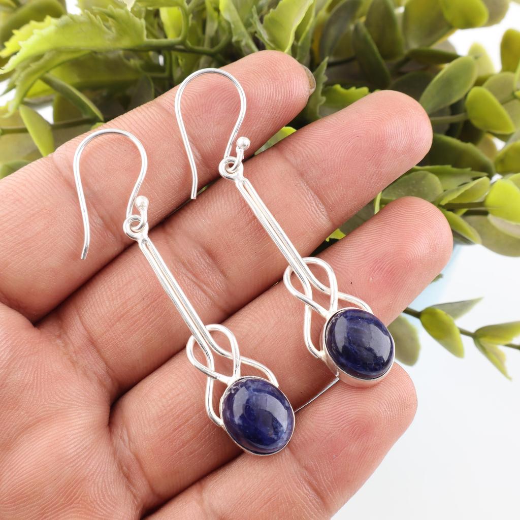Sodalite Gemstone Earrings, 925 Solid Sterling Silver Jewelry, Handmade Beautiful Earrings For Wedding Gift