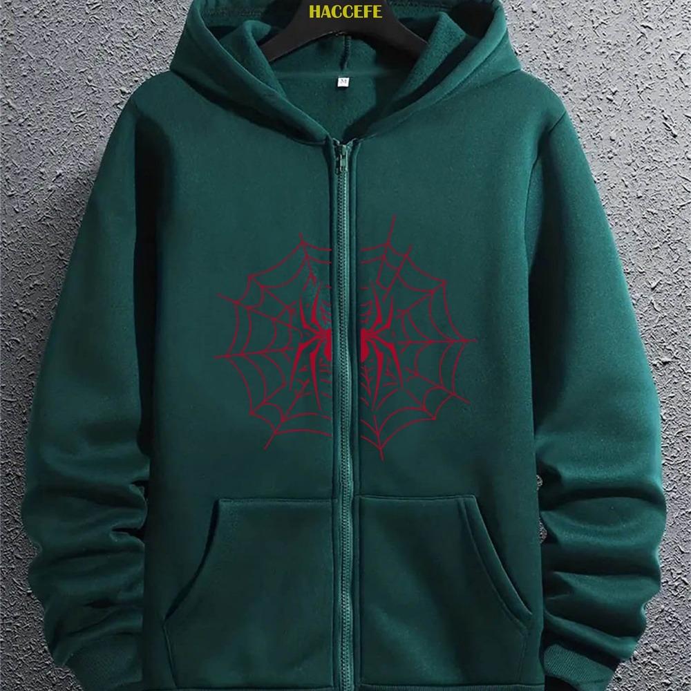 Men's Casual Fashion Trend Creative Red Spiderweb Pattern Print Zip Up Hoodie Sweatshirt Top
